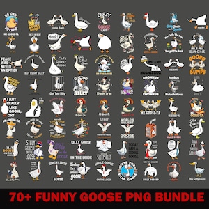 K&ouml;nnte beinhalten: Eine Sammlung von &uuml;ber 70 lustigen G&auml;nse-PNG-Grafiken. Jede Grafik zeigt eine Gans mit verschiedenen Ausdr&uuml;cken und S&auml;tzen wie "Silly Goose", "Honk" und "Crazy Goose Lady". Die Designs sind in verschiedenen Farben auf dunklem Grau gehalten.