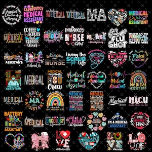 Puede incluir: Una colección de diseños coloridos con temática médica sobre un fondo negro. Los diseños incluyen texto como "Medical Assistant", "Nurse" y "Emergency", junto con gráficos relacionados como estetoscopios y corazones.