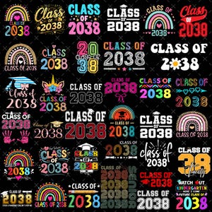 May include: A collection of graduation-themed designs with the text "Class of 2038" in various fonts, colors, and styles. Some designs include rainbows, stars, and graduation caps. The background is black.