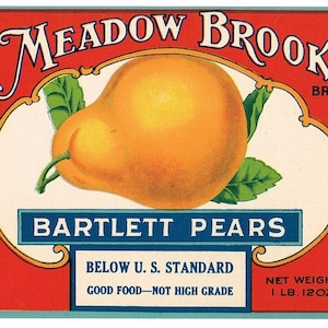 Original vintage Tin Can label c1915 Meadow Brook Bartlett Pear Mixed Fruit Lithographed Paper San Francisco California
