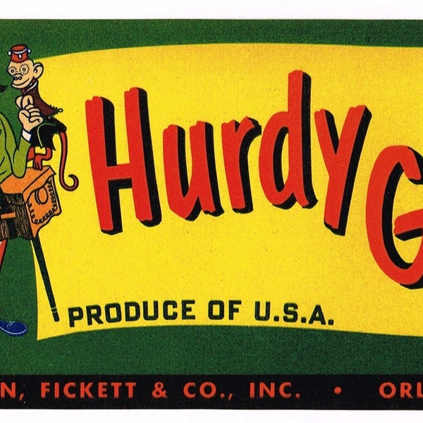 Original vintage Florida citrus crate label c1940s strip Hurdy Gurdy Organ Grinder Monkey Italian Orlando 3.25x8.5"