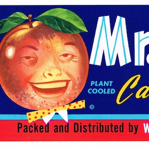 Original vintage fruit crate label 1960s anthropomorphic Mr. Nectarine Comical Cutler California