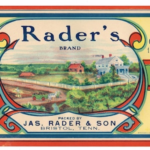 Original vintage Tin Can label 1920s Raders String Beans Bristol Tennessee Farm Scene Homestead Farmhouse