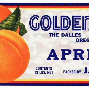Original vintage apricot crate label 1940s Golden Brand The Dalles Oregon JJ Fleck Typography