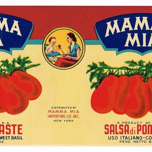 Original vintage tin can label 1930s Mama Mia Tomato Paste Italian Culinary Kitchen Cooking New York City SMALL!! 7x3&quot;