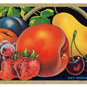 Original vintage Fruit Crate Label 1930s Penryn Placer County California Pear Grape Peach Plum Cherries Classic Image