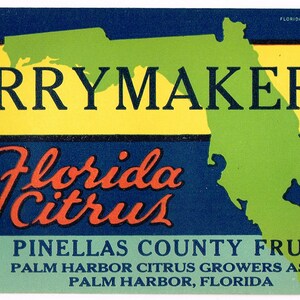 Original vintage Florida citrus crate strip label c1930s Merrymaker Pinellas County Palm Harbor State Map 3.5x9"