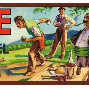 Original vintage grape crate label 1940s Bocce Italian American Wine Lawn Bowling Mondavi