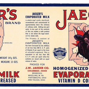 Original vintage Tin Can label 1930s Jaegers Brand Evaporated Milk Cute Cow General Store Wheeling West Virginia Toledo Ohio Map AMA