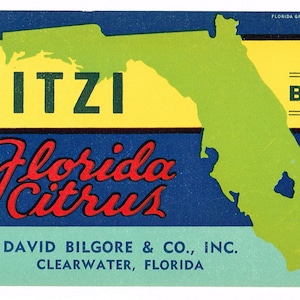 Original vintage Florida strip citrus crate label c1930s Mitzi Pinellas County Clearwater 3.5x9" Florida State Map