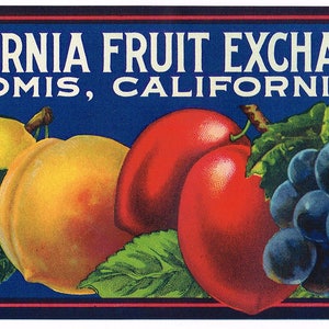 Original vintage Fruit Crate Label California Fruits 1930s scarce Loomis California Pear Grape Peach Plum Classic Image 4x11&quot;