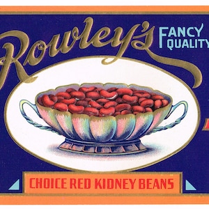 Original Antique vintage Tin Can label 1920s Rowley&#39;s Fabius New York State Embossed Folk Art Red Kidney Beans