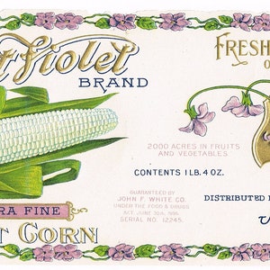 Original vintage Tin Can label c1910 Sweet Violet Sweet Corn Genesee Valley Mt Morris New York Livingston County