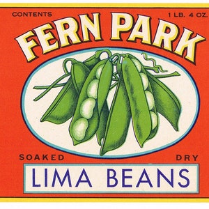 Puede incluir: Una etiqueta roja y amarilla con el texto "Fern Park" en un óvalo blanco. La etiqueta también presenta un dibujo de habas de Lima en vainas, el texto "Soaked Lima Beans Dry" y el texto "Contents 1 lb. 4 oz Packed for L. Klein Halsted, 14th and Liberty Chicago".