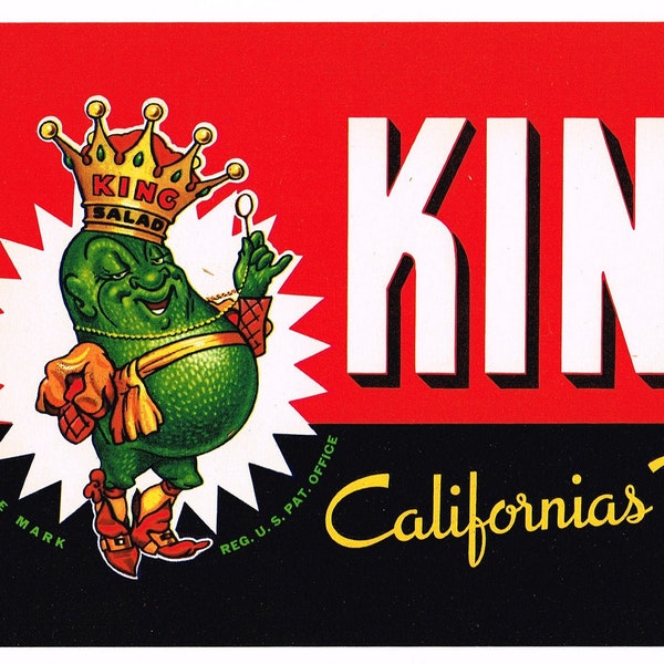 Original vintage avocado crate label 1950s King Salad Anthropomorphic Vista San Diego County California 13X5"