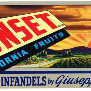 Original vintage grape crate label 1950s Sunset Fresno California Landscape