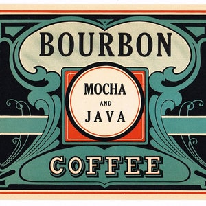 May include: Vintage label for a one-pound bag of Bourbon Mocha and Java coffee. The label features a decorative design with blue, red, and white colors. The text on the label reads "Bourbon Mocha and Java Coffee" and includes directions for brewing the coffee.
