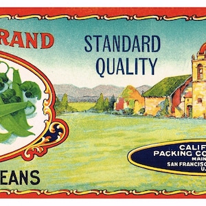 May include: Vintage label for Mission Brand Cut String Beans. The label features a green and white illustration of string beans, a depiction of the Carmel Mission, and the text "Mission Brand Standard Quality".