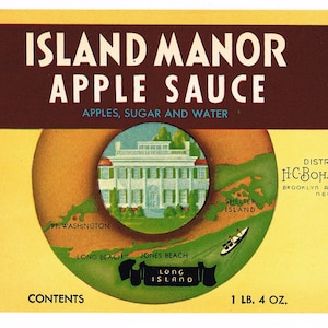 Original vintage Tin Can label 1940s Island Manor Apple Sauce Brooklyn Jones Beach Shelter Island Fort Washington Long Island Map