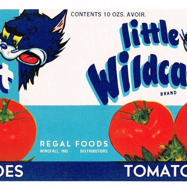 Original vintage Tin Can label 1950s Little Wildcat Kitten Cat Tomatoes Windfall Indiana