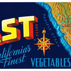 Original vintage vegetable crate label 1940s Cal Coast Saticoy Ventura County California Map Coastline