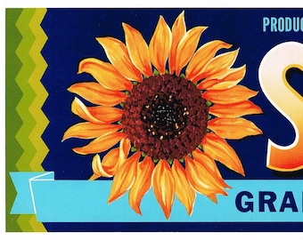 Original Vintage Grape Crate Label 1960s Sunflower Typography