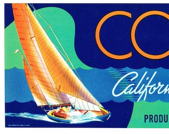 Original vintage grape crate label 1950s Corinthian Sailboat Sailing Boat Racing California Lighthouse Nautical Mid Century Motif