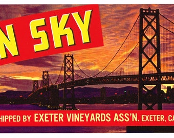 Original vintage grape crate label 1950s San Francisco Oakland California Bay Bridge Setting Sun Western Sky