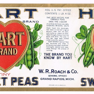 Original vintage vintage Blechdose Etikett 1920er Jahre von Hart Sweet Peas Heart Valentine mit Prägung Grand Strom gefertigte Strommuster Garantie Regenzeit US Regentschafts- und Ausstellungsindustrie