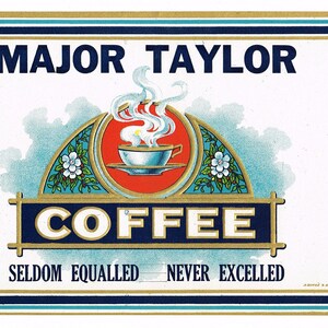 Original vintage Tin Can label 1920s Coffee Major Taylor Louisville Kentucky Art Embossed