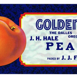 Original vintage peach crate label 1940s Golden Brand The Dalles Oregon JJ Fleck Typography