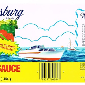 Original vintage Can label c1970s Williamsburg Salsa de tomate Federalsburg Maryland Chesapeake Bay Sailing Motorboat