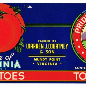 Original vintage plåtburketikett från 1950-talet, Pride Of Virginia State Sigill, motto Mundy Point Tomato