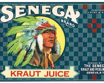 Original vintage Tin Can label c1920 Raro nativo americano Seneca Chief Ginebra Nueva York Impresionante