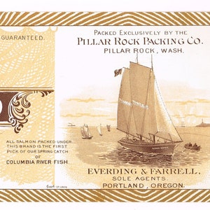 Original vintage Tin Can label c1915 Boss Brand Sailboat Pillar Rock Salmon Columbia River Portland Oregon