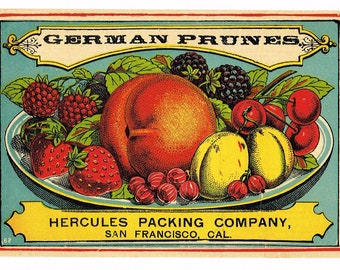 May include: Vintage label for German prunes, featuring a colorful illustration of a bowl of fruit, including peaches, cherries, and berries. The label also includes the text "German Prunes" and "Hercules Packing Company, San Francisco, Cal".