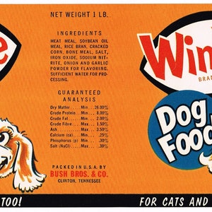 Original vintage Tin Can label 1960 Dog & Cat Food Winkie Cartoon Dog Clinton Tennessee super cute rare Bush Brothers and Company
