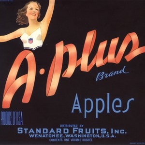 May include: A vintage advertisement for "A-Plus Brand Apples" featuring a woman in a white tank top with a red, white, and blue ribbon. The text "Produce of U.S.A." is at the bottom left corner. The text "Distributed by Standard Fruits, Inc. Wenatchee, Washington, U.S.A. Contents one volume bushel" is at the bottom of the advertisement.