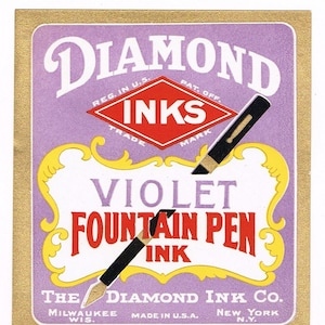 Original vintage bottle label c1920s Diamond Inks Fountain Pen Ink Milwaukee Wisconsin & New York City Violet