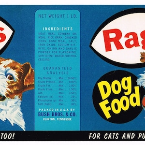 Original vintage Tin Can label 1960 Dog & Cat Food Rags Brand Cartoon Dog Clinton Tennessee super lindo raro Bush Brothers and Company