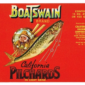 Original vintage Tin Can label 1930s Rare California Pilchards San Francisco Boatswain Captain Skipper Nautical Ocean