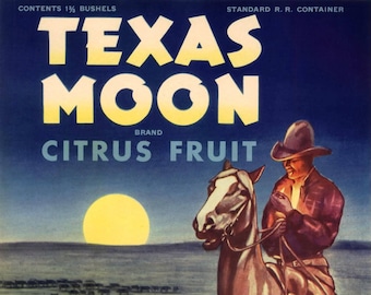 Original vintage Texas citrus crate label 1940s Texas Moon cowboy horse roundup rodeo Donna