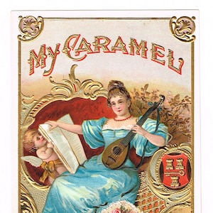 Original Vintage Zigarre Box Label c1910 Chromolithograph My Caramel Cherub Musiker Laute Musik Floral geprägt Bronzed