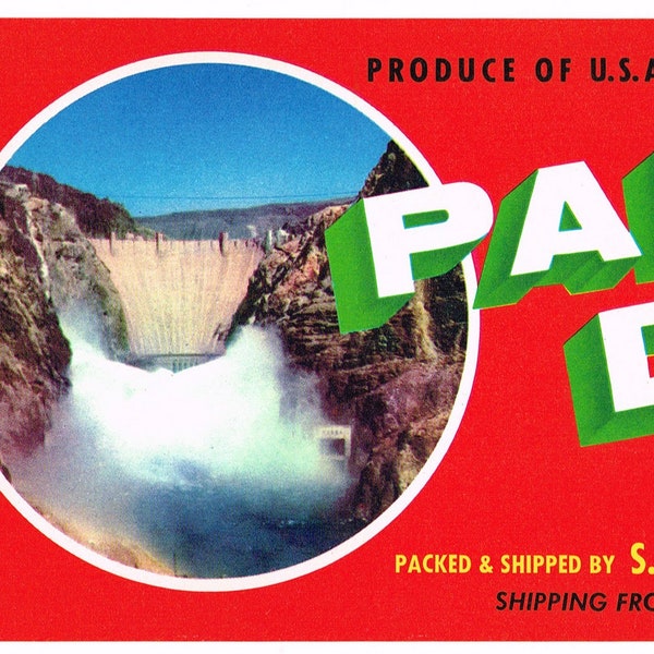 Melone d'epoca originale cassa etichetta 1950s Parker Dam Blythe California e Arizona Eaton Farms