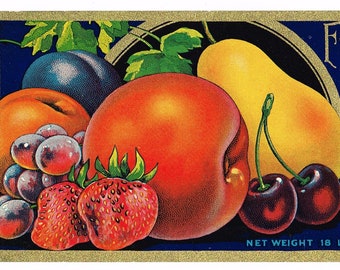 Etichetta originale vintage per cassa di frutta, anni &#39;30, Penryn Placer County, California, pere, uva, pesche, prugne, ciliegie, immagine classica
