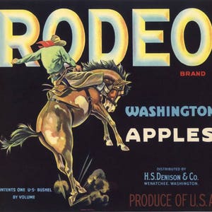 May include: A vintage fruit crate label featuring a cowboy riding a bucking horse with the text "RODEO BRAND WASHINGTON APPLES" and "PRODUCE OF U.S.A."
