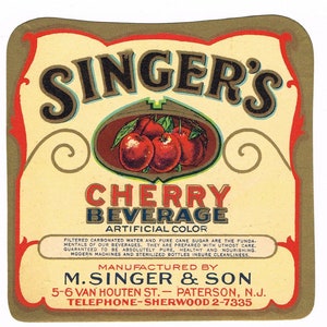 Original vintage bottle label 1930s Soda Paterson New Jersey NOS Bronzed Cherry Flavor