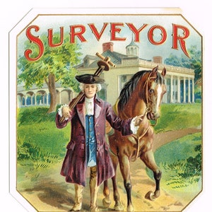 Original vintage cigar box label c1910 Chromolithograph Surveyor George Washington Mt Vernon