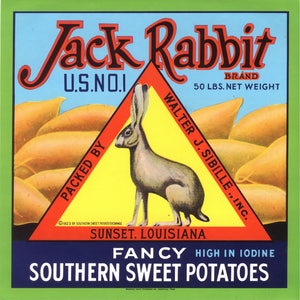 Original vintage yam crate label 1950s Sunset Louisiana Jack Rabbit Southern Sweet Potatoes