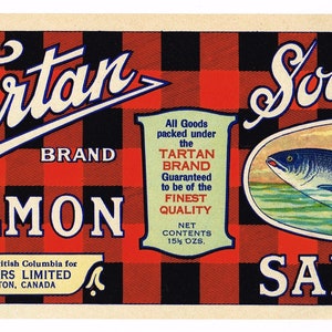 Original vintage Tin Can label 1930s Tartan Brand Salmon Hamilton Ontario Fishing Fisherman Balfours Limited Sockeye